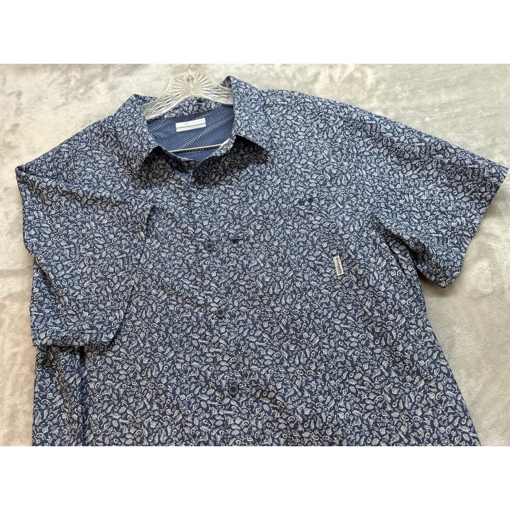 Columbia Shirt Mens Large Blue Super Slack Tide Fishing Camp Print Collar Loop